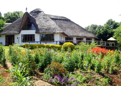 Det charmerende gamle hovedhus på Ngorongoro Farm House - med en stork på det stråtækte tag
